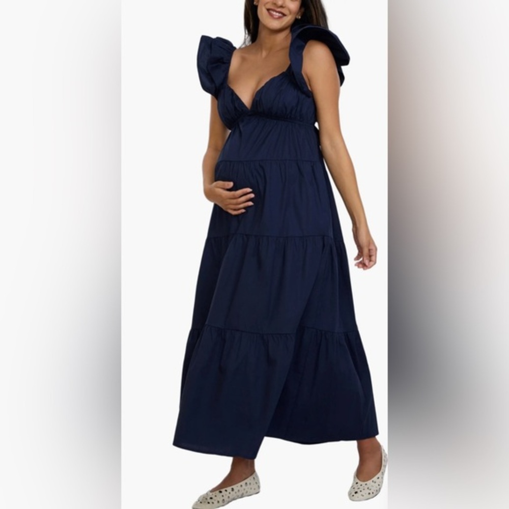 NEW…Motherhood Maternity Ruffle Sleeve Tie-Back Maternity Maxi Dress